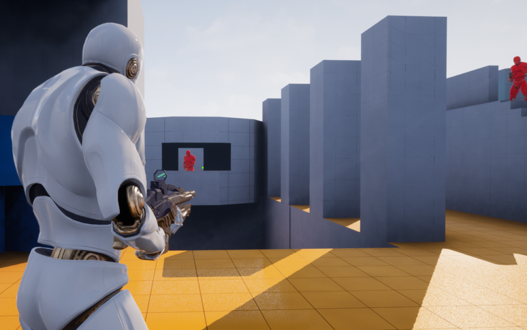 Screenshot of a player character aiming at an enemy